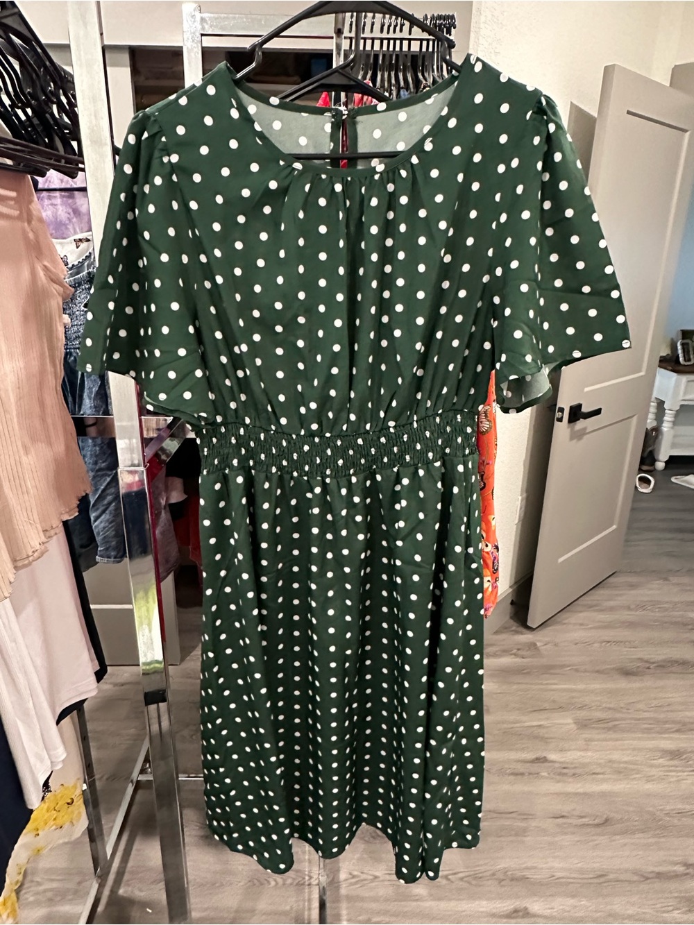 SHEIN Green Polka Dot Smocked-Waist Midi Dress